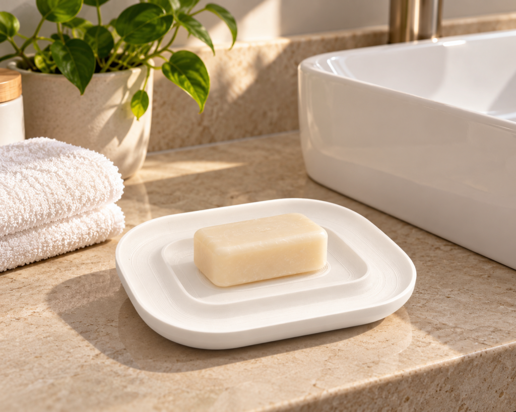 Saboneteira minimalista branca para banheiro