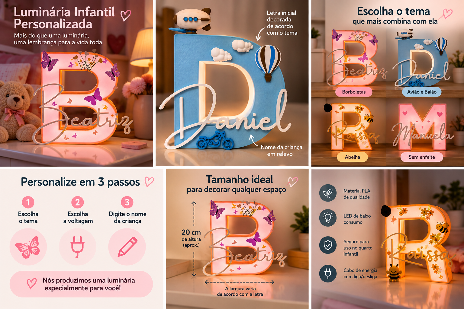 Luminária infantil personalizada com nome e letra inicial