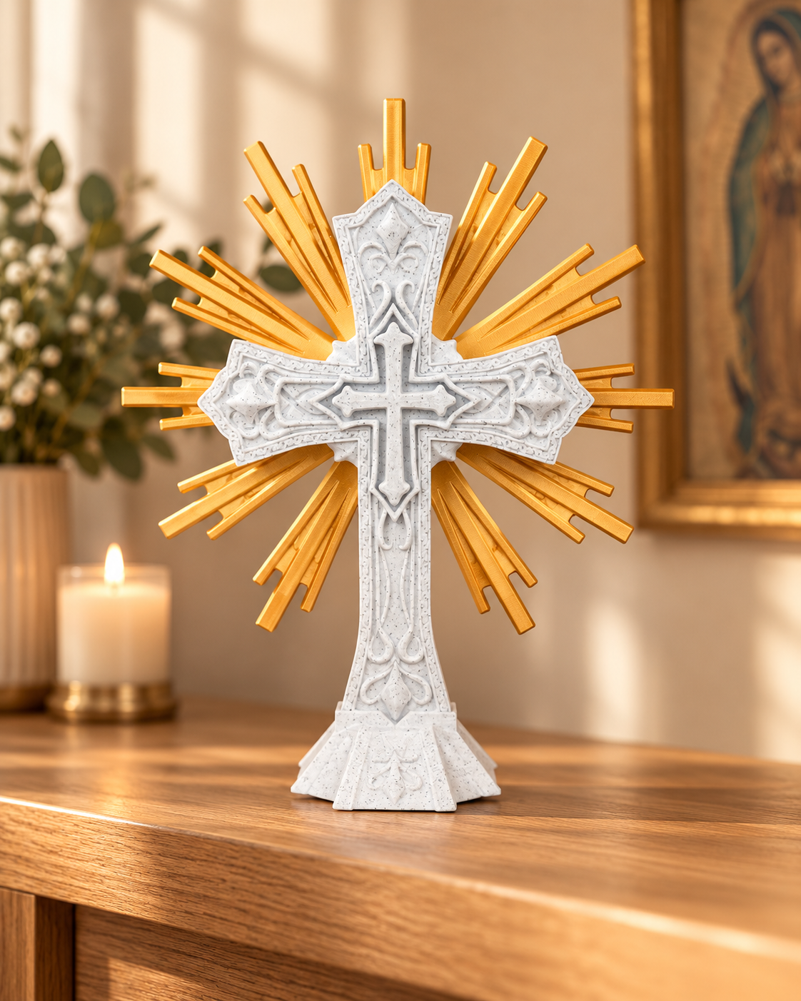 Cruz Sagrada com Resplendor Dourado – Mesa ou Parede - Imagem 2