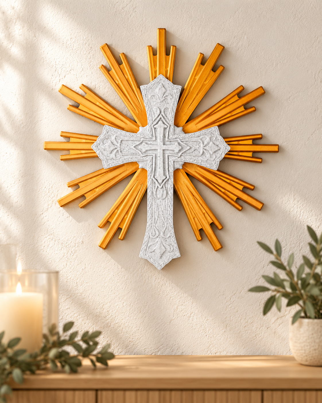 Cruz Sagrada com Resplendor Dourado – Mesa ou Parede - Imagem 3