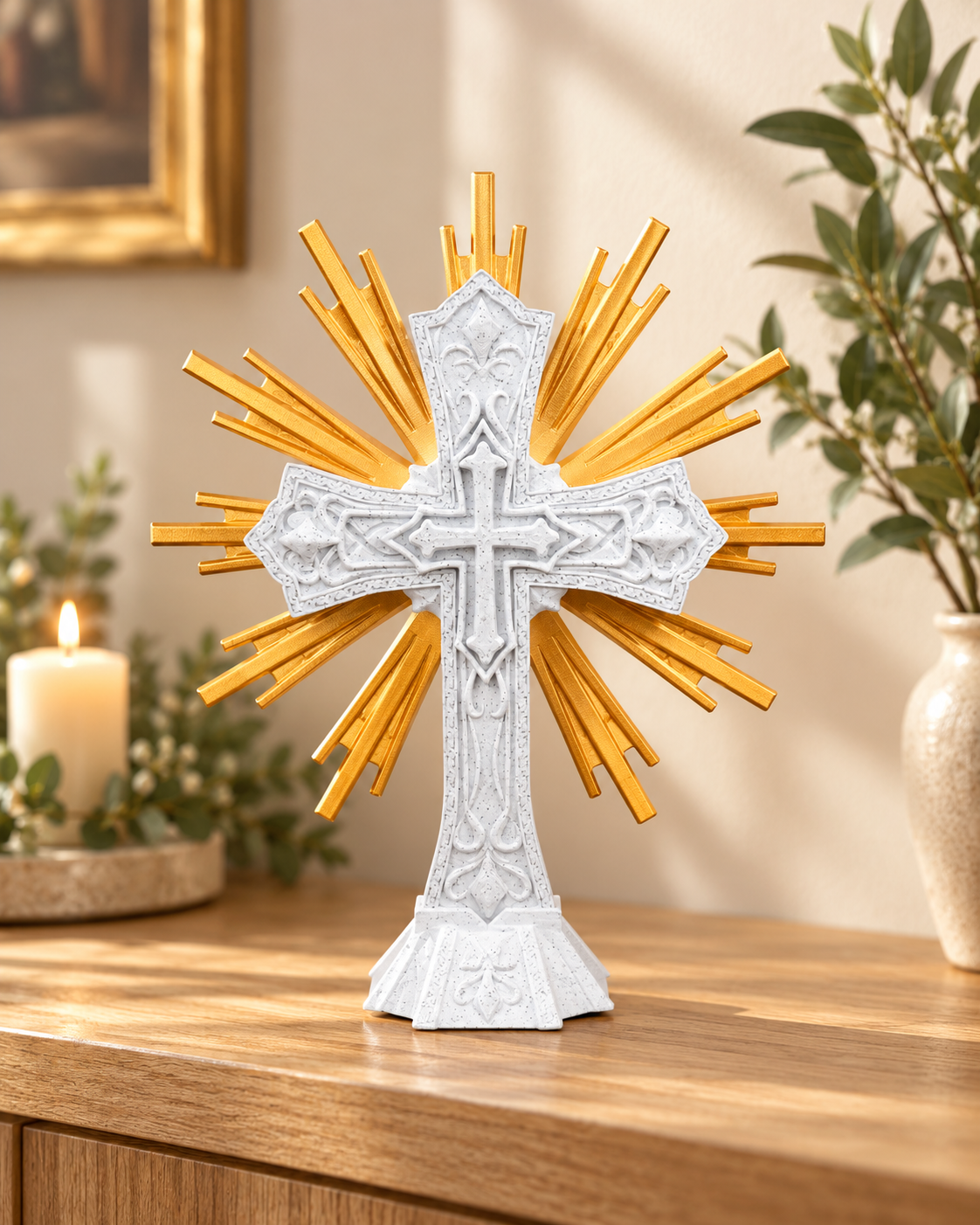 Cruz Sagrada com Resplendor Dourado – Mesa ou Parede - Imagem 4