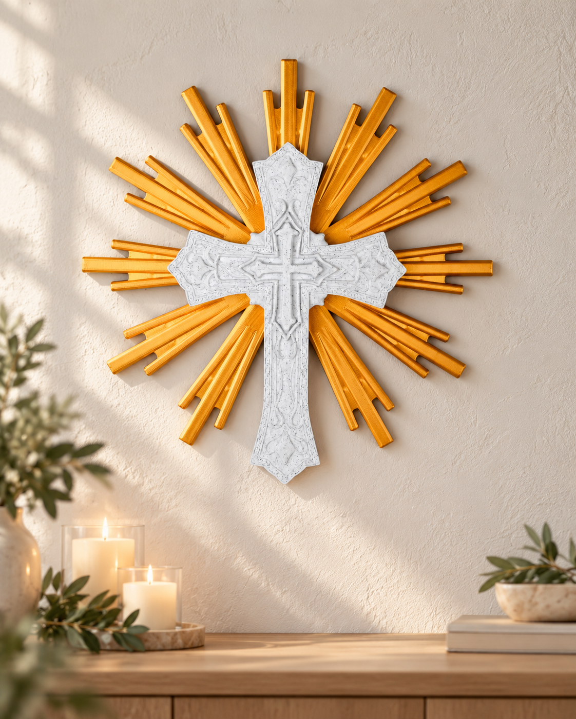 Cruz Sagrada com Resplendor Dourado – Mesa ou Parede - Imagem 5