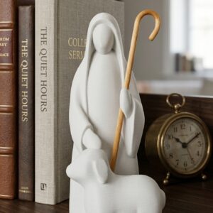 Escultura do Divino Pastor com ovelha em branco marmorizado e cajado dourado ambientada em estante
