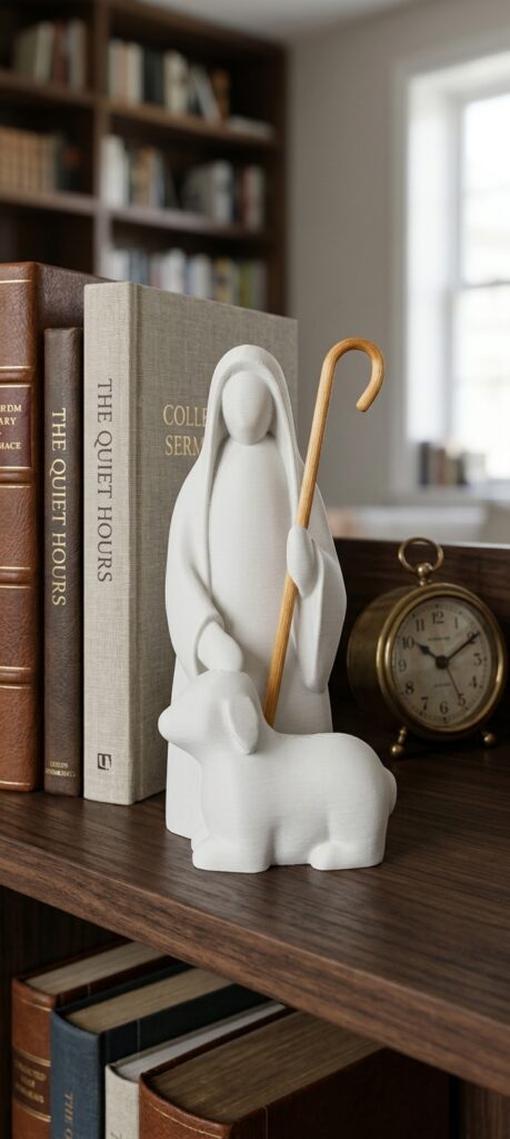 Escultura do Divino Pastor com ovelha em branco marmorizado e cajado dourado ambientada em estante