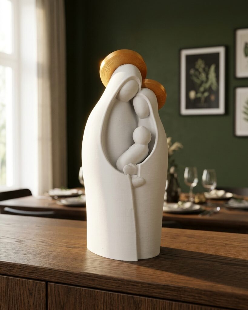 Escultura da Sagrada Família branca com auréolas douradas em mesa de jantar